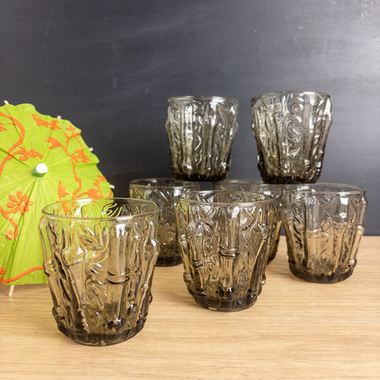 Vintage Smoky Glass Bamboo Juice Glasses - Set of 7 -  Mid Century Glassware - NextStage Vintage