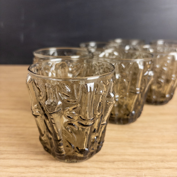 Vintage Smoky Glass Bamboo Juice Glasses - Set of 7 -  Mid Century Glassware - NextStage Vintage