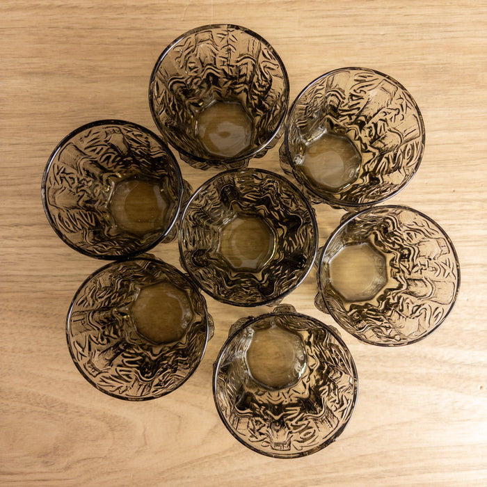 Vintage Smoky Glass Bamboo Juice Glasses - Set of 7 -  Mid Century Glassware - NextStage Vintage