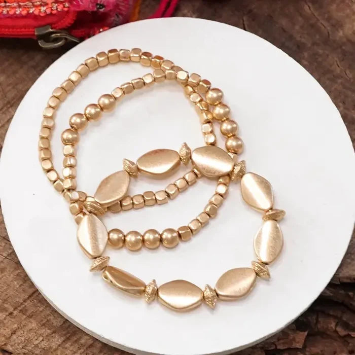 Worn Gold Tone 3 Boho Bracelets Stack