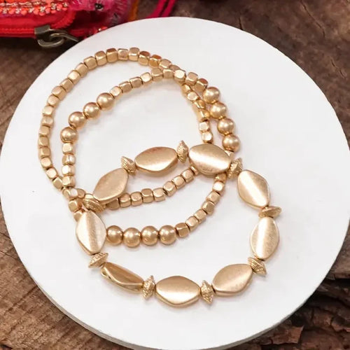 Worn Gold Tone 3 Boho Bracelets Stack