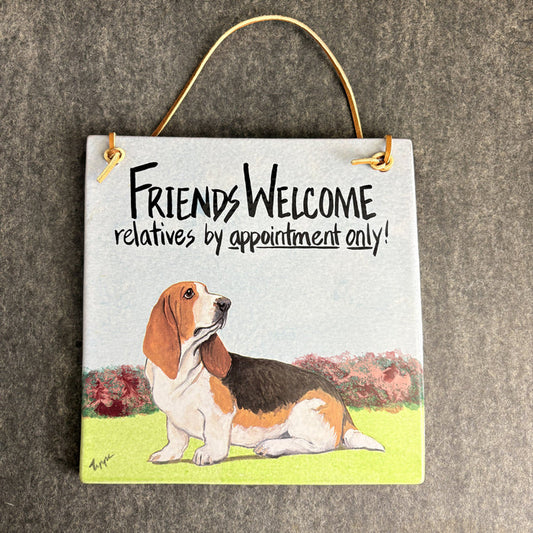 Zeppa Studios Basset Hound Painted Terracotta Tile Sign Friends Welcome 8.5" - NextStage Vintage
